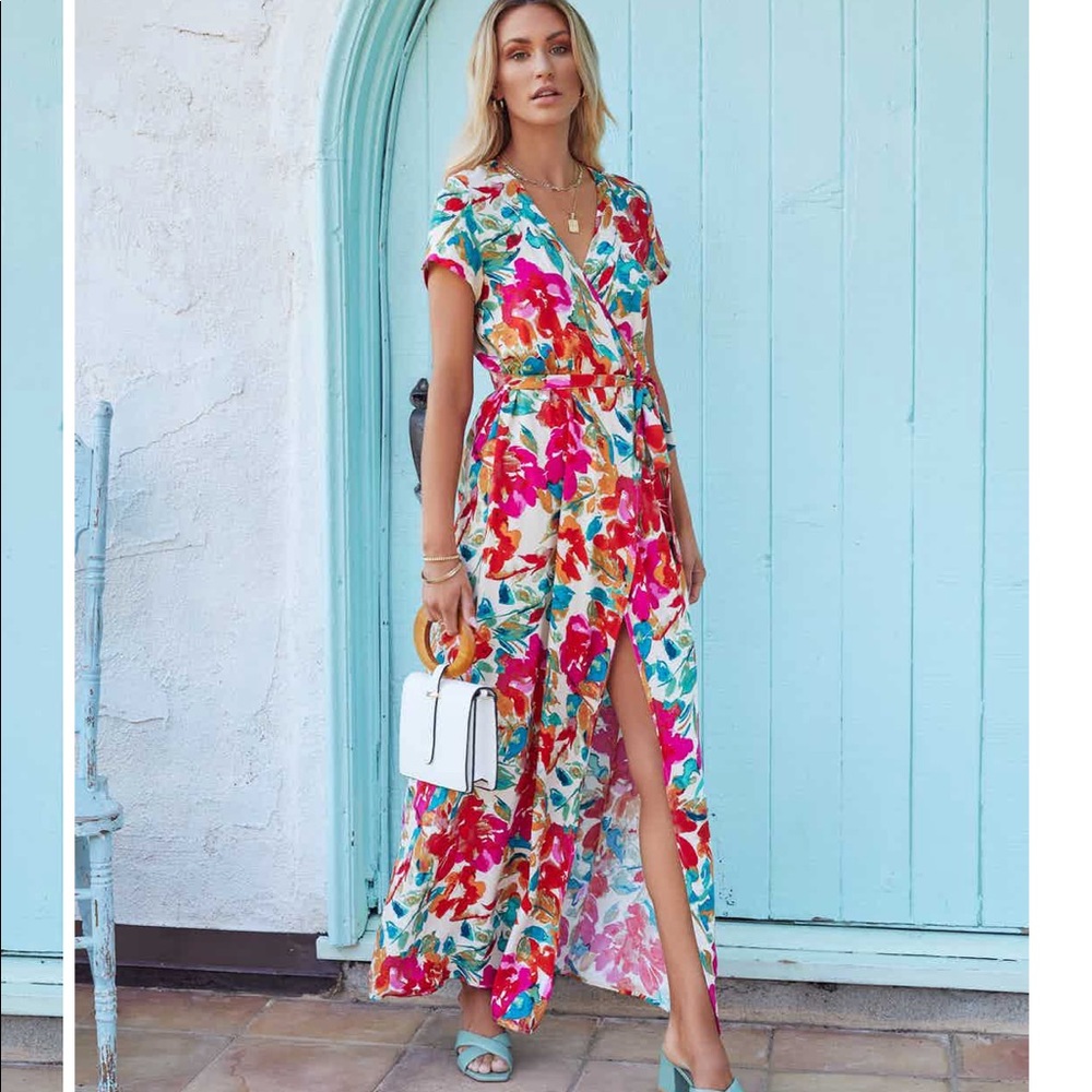 Bright floral wrap maxi dress
